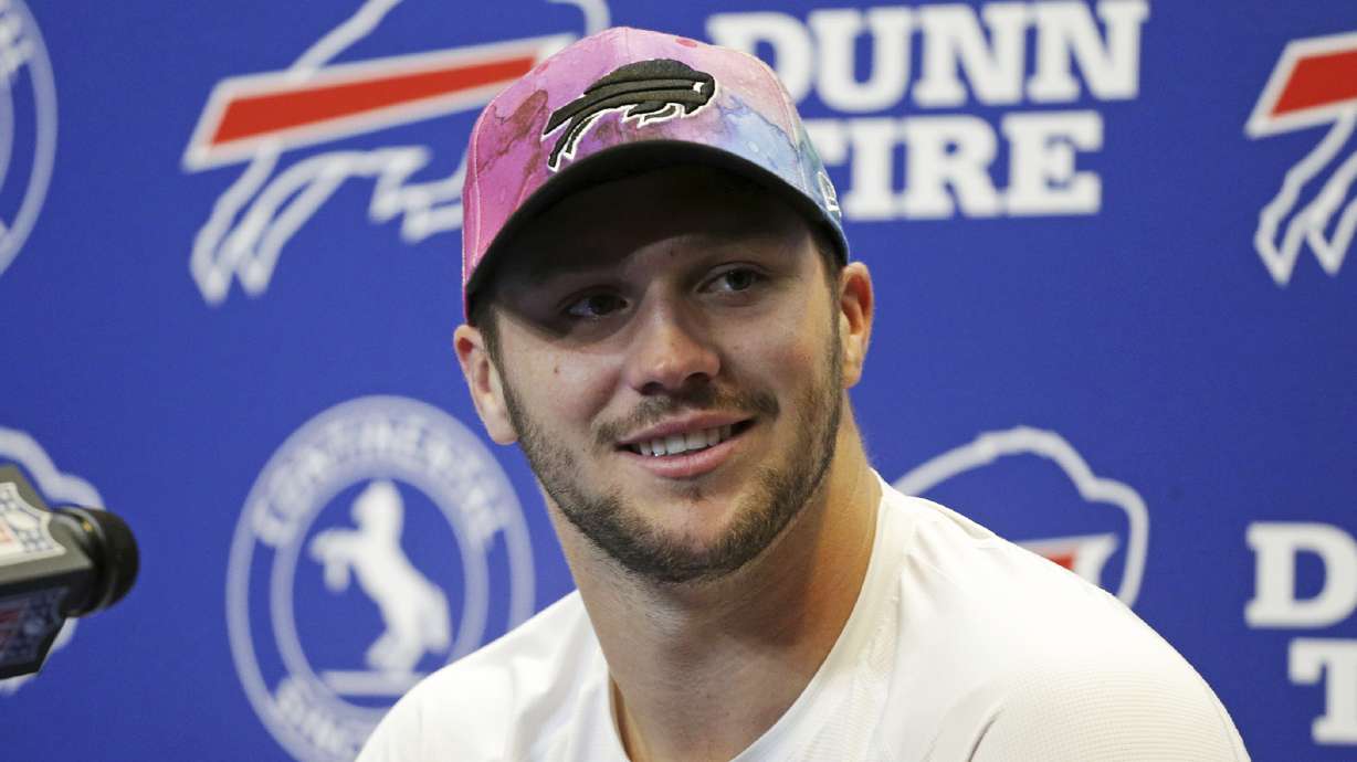 Buffalo Bills quarterback Josh Allen meets with reporters after an NFL football game iagainst the Pittsburgh Steelers in Pittsburgh, Sunday, Oct. 9, 2022. The Bills won 38-3.