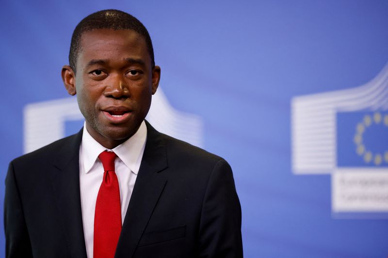 U.S. Deputy Treasury Secretary Wally Adeyemo speaks during a joint news conference with EU Commissioner McGuinness (not pictured) in Brussels, Belgium, March 29, 2022.