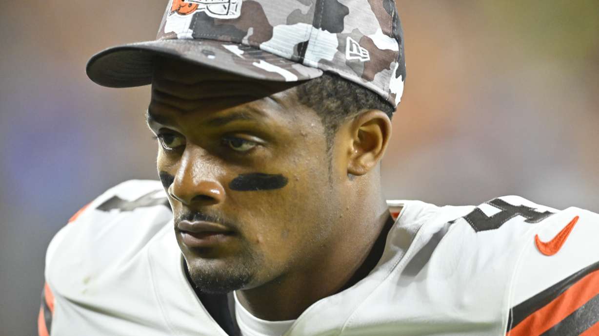 FILE - Cleveland Browns quarterback Deshaun Watson (4) leaves the field at the end of the first half against the Chicago Bears in an NFL preseason football game, Saturday, Aug. 27, 2022, in Cleveland. Suspended Cleveland Browns quarterback Deshaun Watson’s status has not been affected by a new civil lawsuit filed against him by another woman claiming sexual misconduct two years ago, the NFL said. Watson is serving an 11-game suspension for alleged sexual misconduct while he played for the Houston Texans.