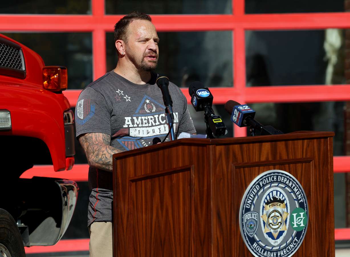 Chris Lovell, a recovering addict, tells his story at a press conference at Unified Fire Authority Station 104 in Holladay discussing the dangers of fentanyl on Friday.