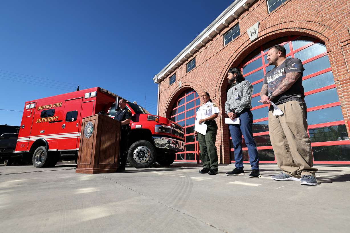 Salt Lake City Police Lt. Sam Wolf speaks as he joins Salt Lake County Sheriff Rosie Rivera, Unified Fire Authority Medical Director Dr. Graham Brant-Zawadzki and Chris Lovell, a recovering addict, at a press conference at Unified Fire Authority Station 104 in Holladay discussing the dangers of fentanyl on Friday.