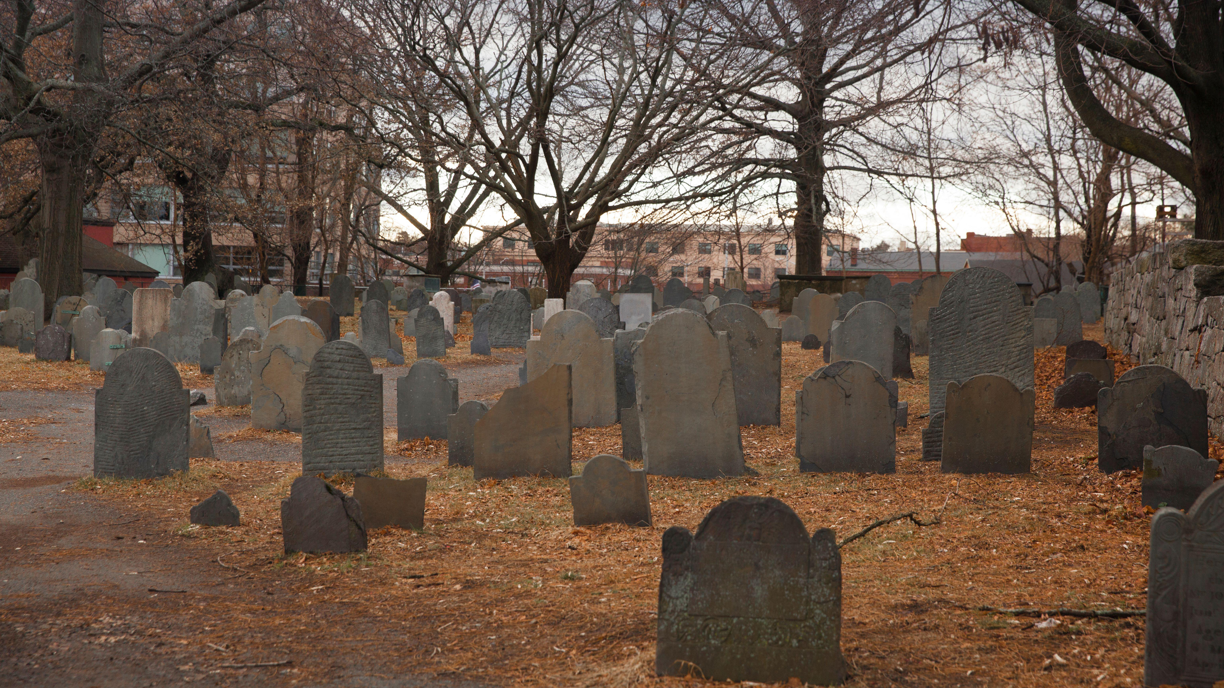 Winter day at The Burying Point Cemetery where the Salem Witch Trials took place.