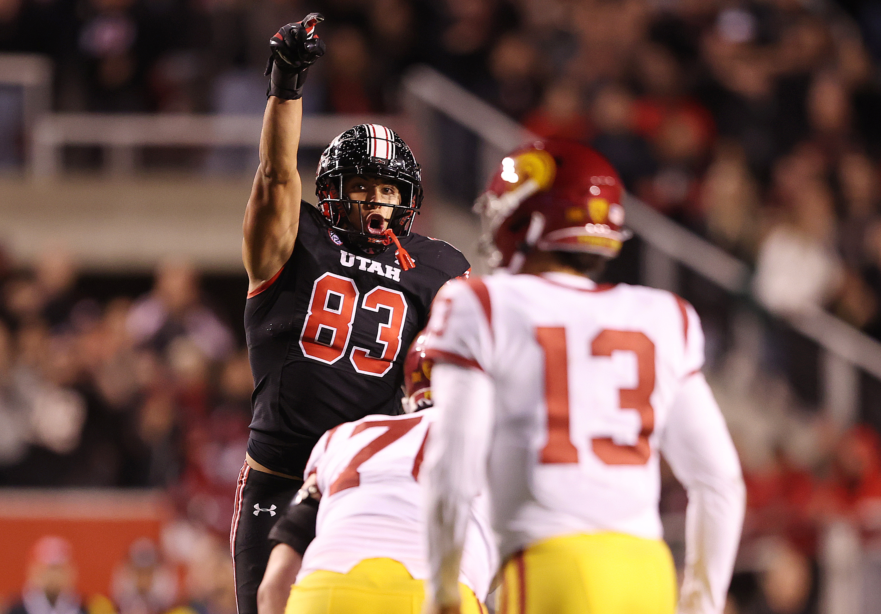 Utah Utes defensive end Jonah Elliss (83) points out a false start as Utah and USC play at Rice Eccles Stadium in Salt Lake City on Saturday, Oct. 15, 2022. Utah won 43-42.