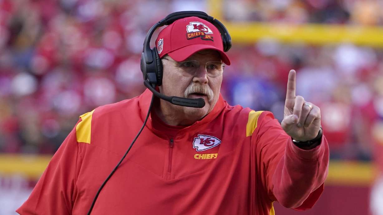 Kansas City Chiefs head coach Andy Reid watches from the sidelines during the first half of an NFL football game against the Buffalo Bills Sunday, Oct. 16, 2022, in Kansas City, Mo.