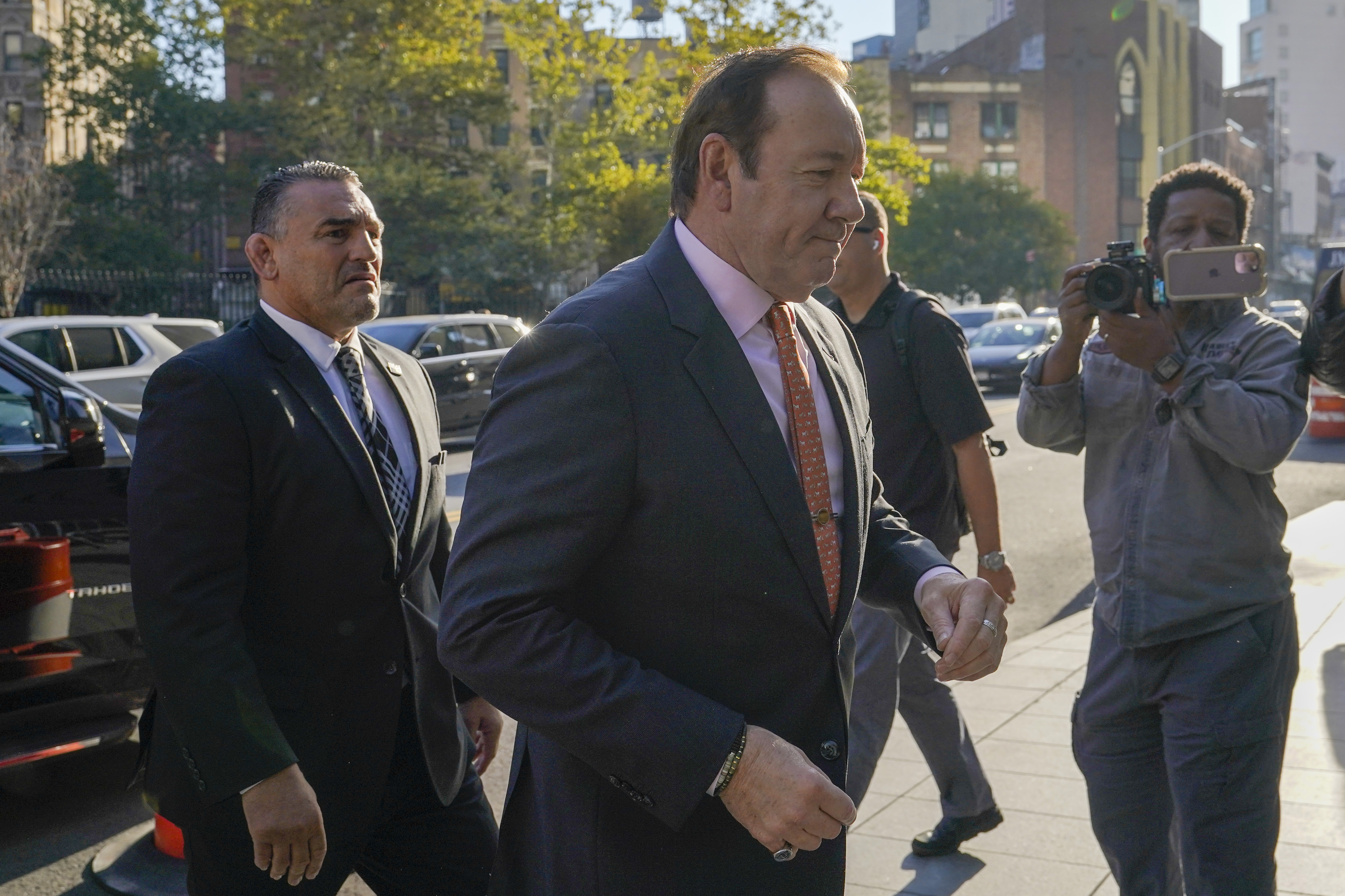 Actor Kevin Spacey arrives at Federal court for his civil lawsuit trial, Wednesday, Oct. 12, in New York. Spacey is facing a jury in a New York City courtroom during a civil trial accusing him of sexually abusing a 14-year-old actor in the 1980s when he was 26. 
