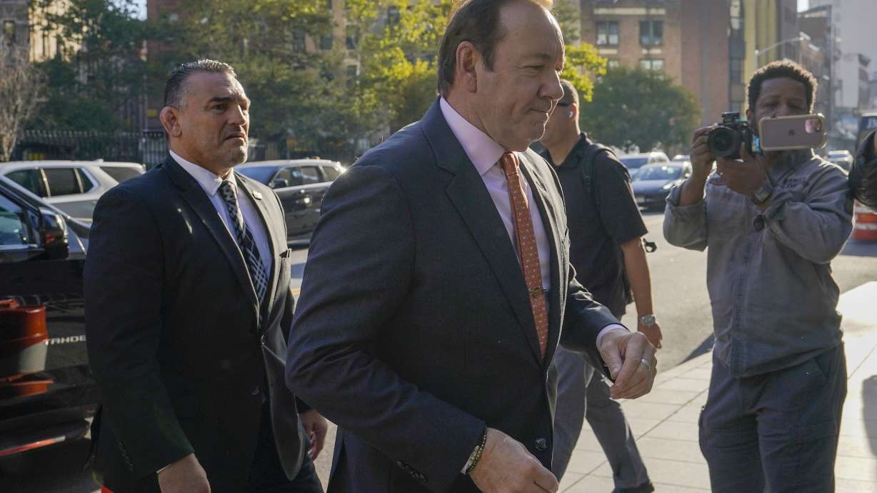 Actor Kevin Spacey arrives at Federal court for his civil lawsuit trial, Wednesday, Oct. 12, in New York. Spacey is facing a jury in a New York City courtroom during a civil trial accusing him of sexually abusing a 14-year-old actor in the 1980s when he was 26.