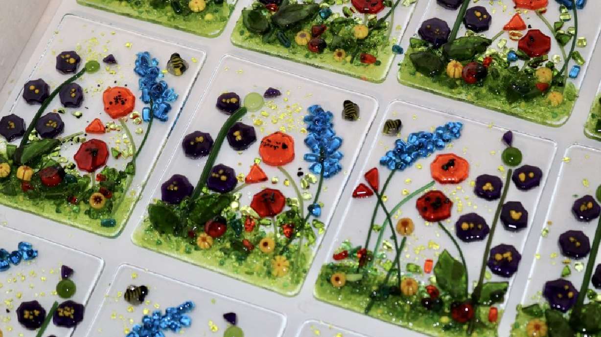 Glass art by Nan Johnson sits inside a kiln in her garage in Washington, Oct. 5.