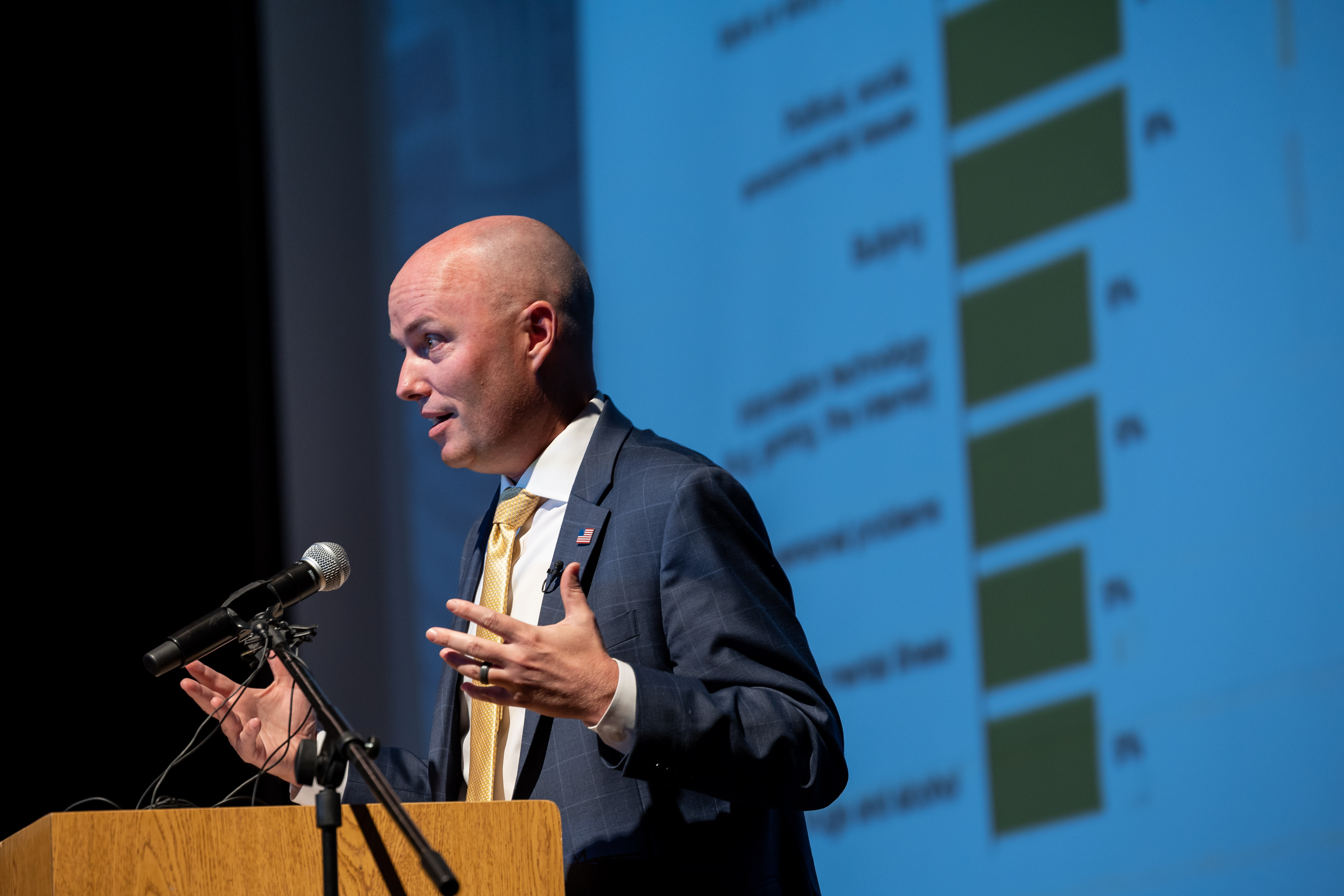 Gov. Spencer Cox speaks to a group of teachers and parents about the effects of social media on teens’ mental health at Bonneville Jr. High School. Cox also addressed social media and mental health among youth during the National Governors Association convention held in Salt Lake City on Tuesday.