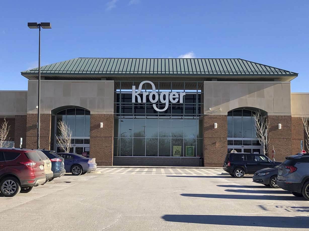 The exterior of the Kroger grocery store in Novi, Mich., is pictured on Jan. 23, 2021. Two of the nation’s largest grocers are planning to merge. Kroger said Oct. 14 it has agreed to acquire Albertsons in a $20 billion deal.