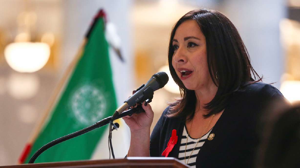 Rep. Angela Romero, D-Salt Lake City, speaks during a tribute for murdered and missing Indigenous women in Utah at the Capitol in Salt Lake City on Feb. 4, 2019. Romero and other members of the Native American Legislative Liaison Committee voted unanimously Monday night to make a favorable recommendation on a bill that would extend the Utah Murdered and Missing Indigenous Women and Girls Task Force until November 2024.