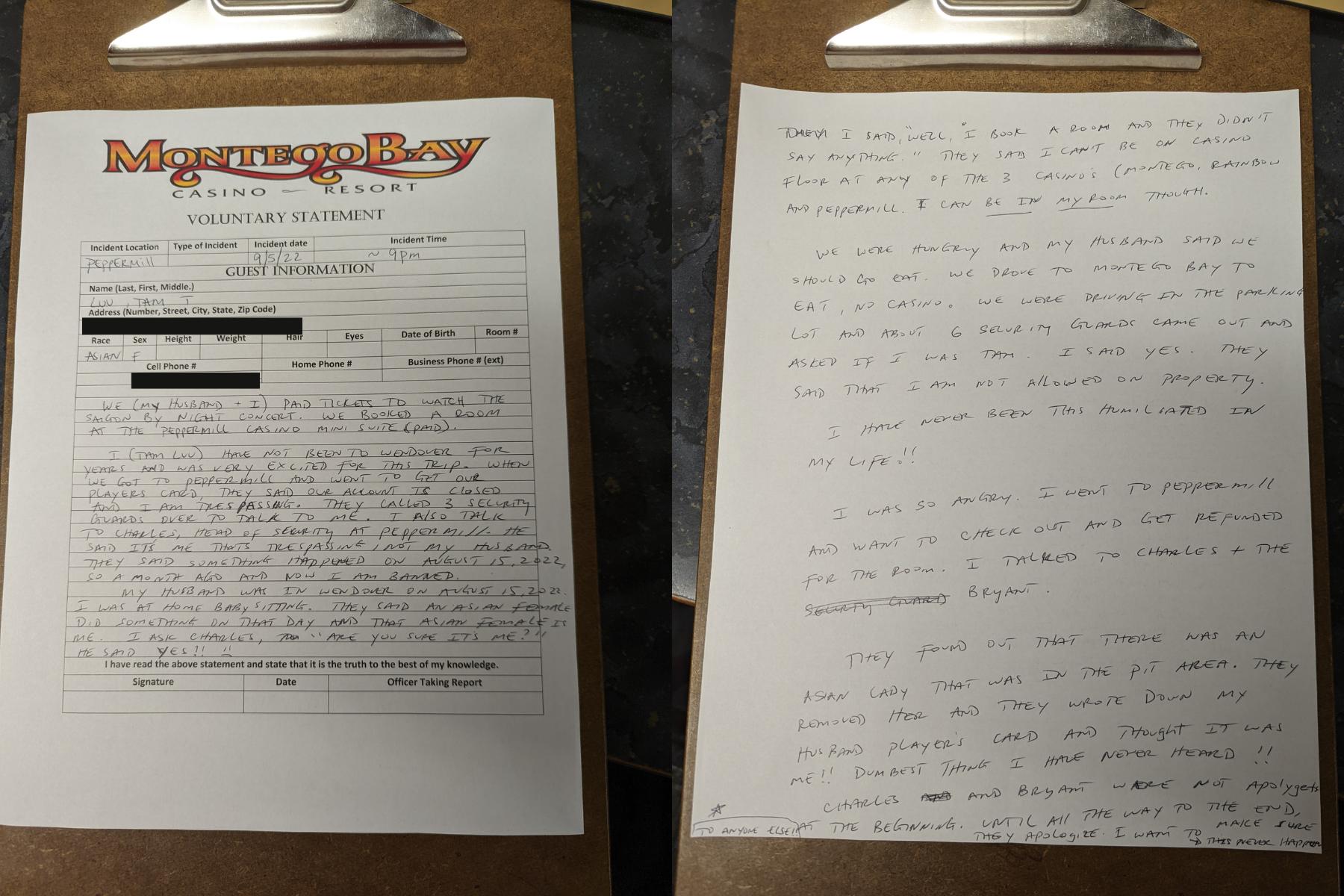 A complaint filed by Tammy Luu on Sept. 5 lays out what she alleges was a case of racial profiling at Peppermill Casino.A complaint filed by Tammy Luu on Sept. 5 lays out what she alleges was a case of racial profiling at Peppermill Casino.