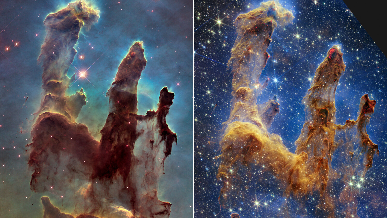 The Pillars of Creation is a star-forming region in the Eagle Nebula captured in a new image (right) by the James Webb Space Telescope. It shows more detail than a 2014 image (left) taken by Hubble.