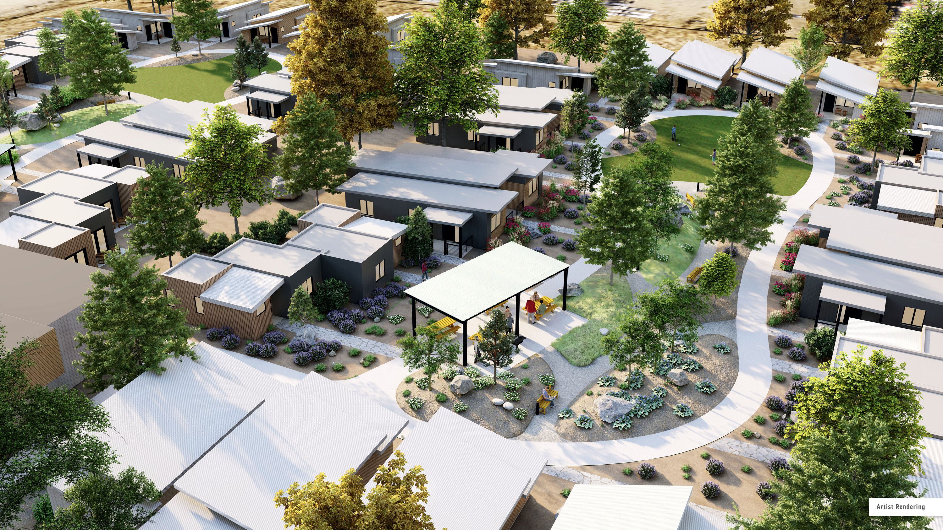 A rendering of The Other Side Village, a tiny home community planned for a property at 1850 W. Indiana Ave. in Salt Lake City. The Salt Lake City Council voted Tuesday to clear the way for the village, which will begin as a pilot project on an initial 8 acres with about 54 homes for the homeless, six for staff and 25 more for nightly rentals. It has envisioned the village will eventually expand to up to 40 acres with about 430 homes.