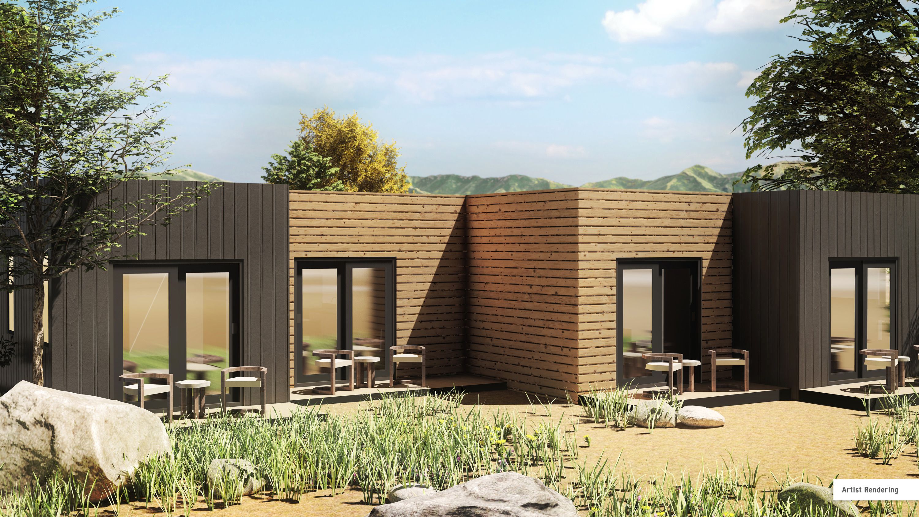 A rendering of The Other Side Village, a tiny home community planned for a property at 1850 W. Indiana Ave. in Salt Lake City.