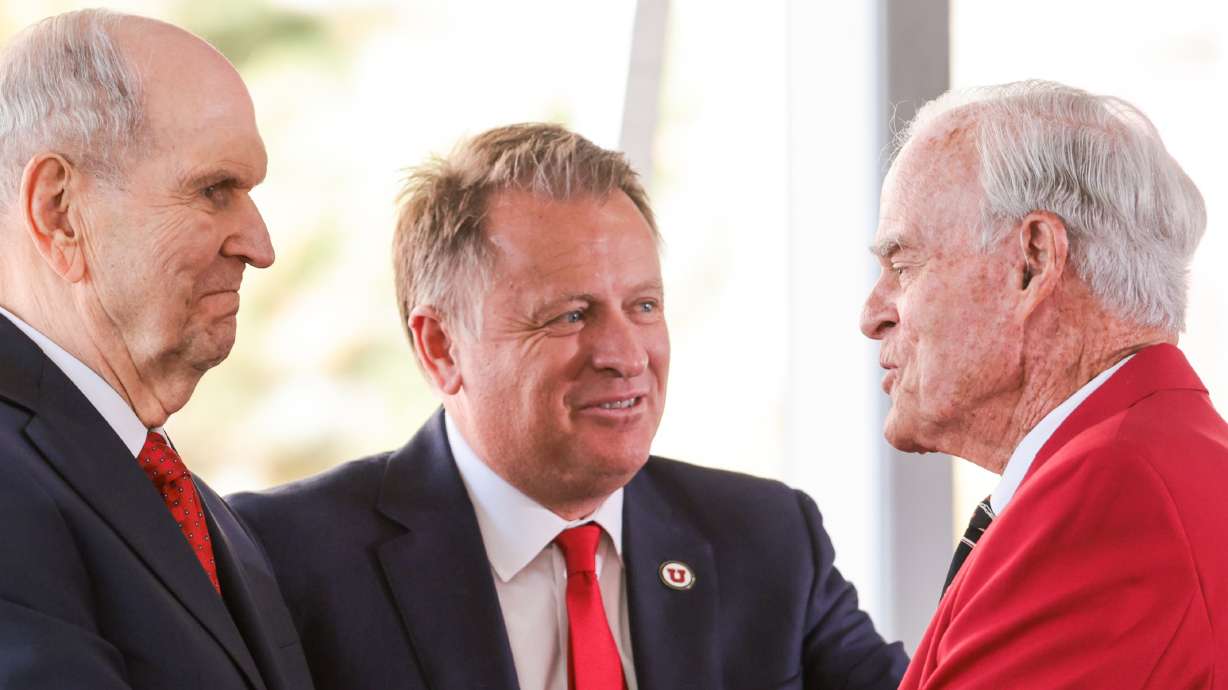 President Russell M. Nelson, of The Church of Jesus Christ of Latter-day Saints, greets Spencer Fox Eccles with University of Utah President Taylor Randall, at the groundbreaking of a new medical education building at the U. on Wednesday.