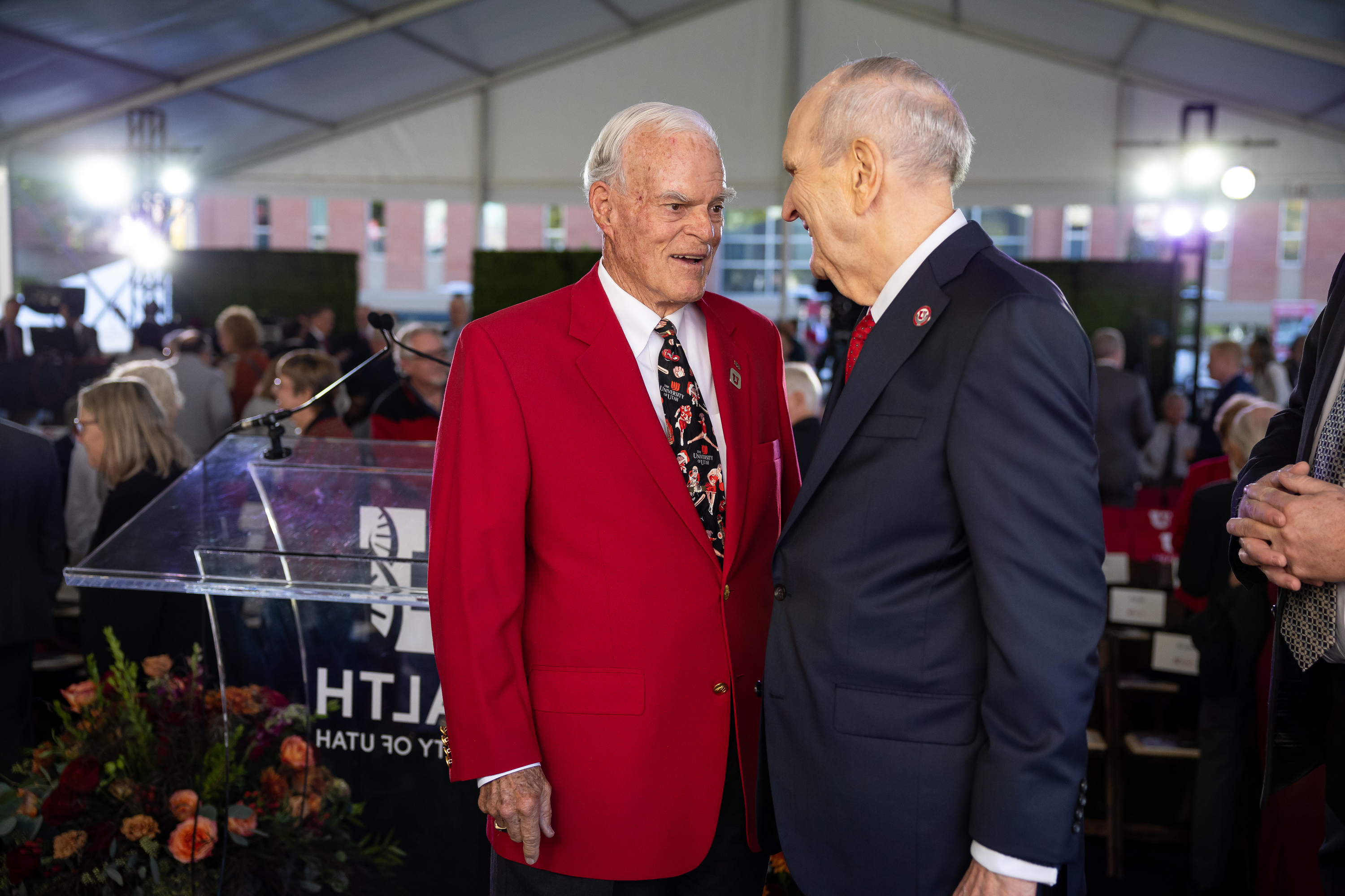 Spencer Fox Eccles, left, talks with President Russell M. Nelson of The Church of Jesus Christ of Latter-day Saints before the groundbreaking ceremony for the Spencer Fox Eccles School of Medicine at the University of Utah in Salt Lake City on Wednesday.