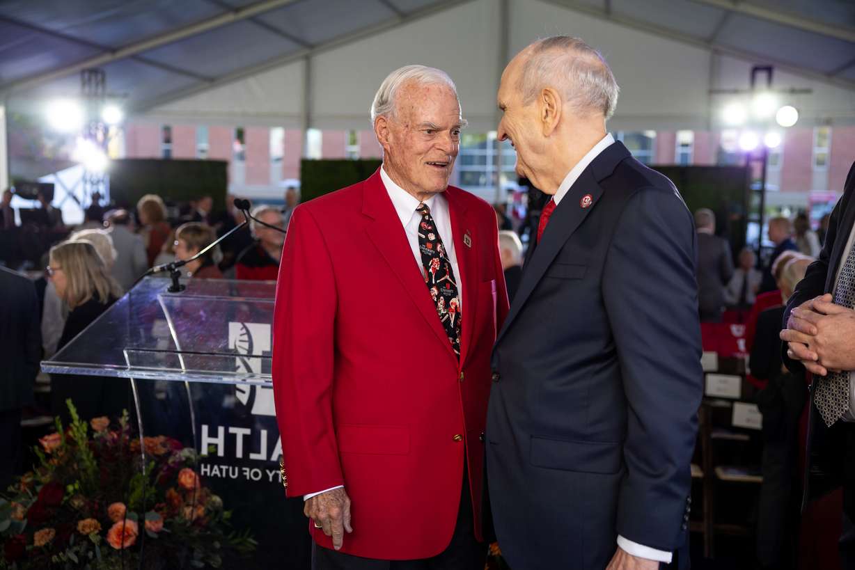 Spencer Fox Eccles, left, talks with President Russell M. Nelson of The Church of Jesus Christ of Latter-day Saints before the groundbreaking ceremony for the Spencer Fox Eccles School of Medicine at the University of Utah in Salt Lake City on Wednesday.