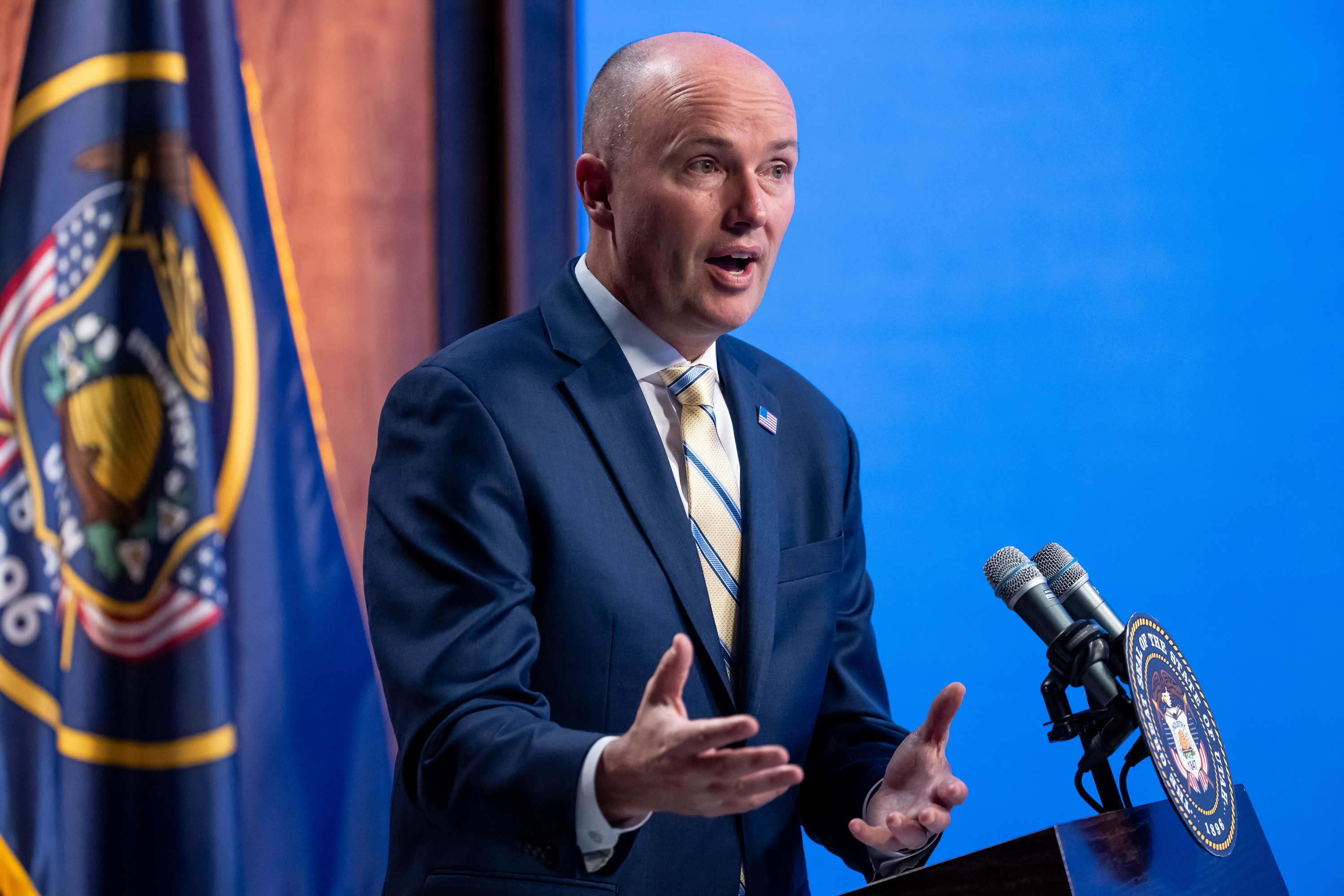 Gov. Spencer Cox holds his monthly news conference broadcast on PBS Utah from the Eccles Broadcast Center in Salt Lake City on Thursday. During the broadcast, the governor questioned the importance of debates between candidates in today's political climate