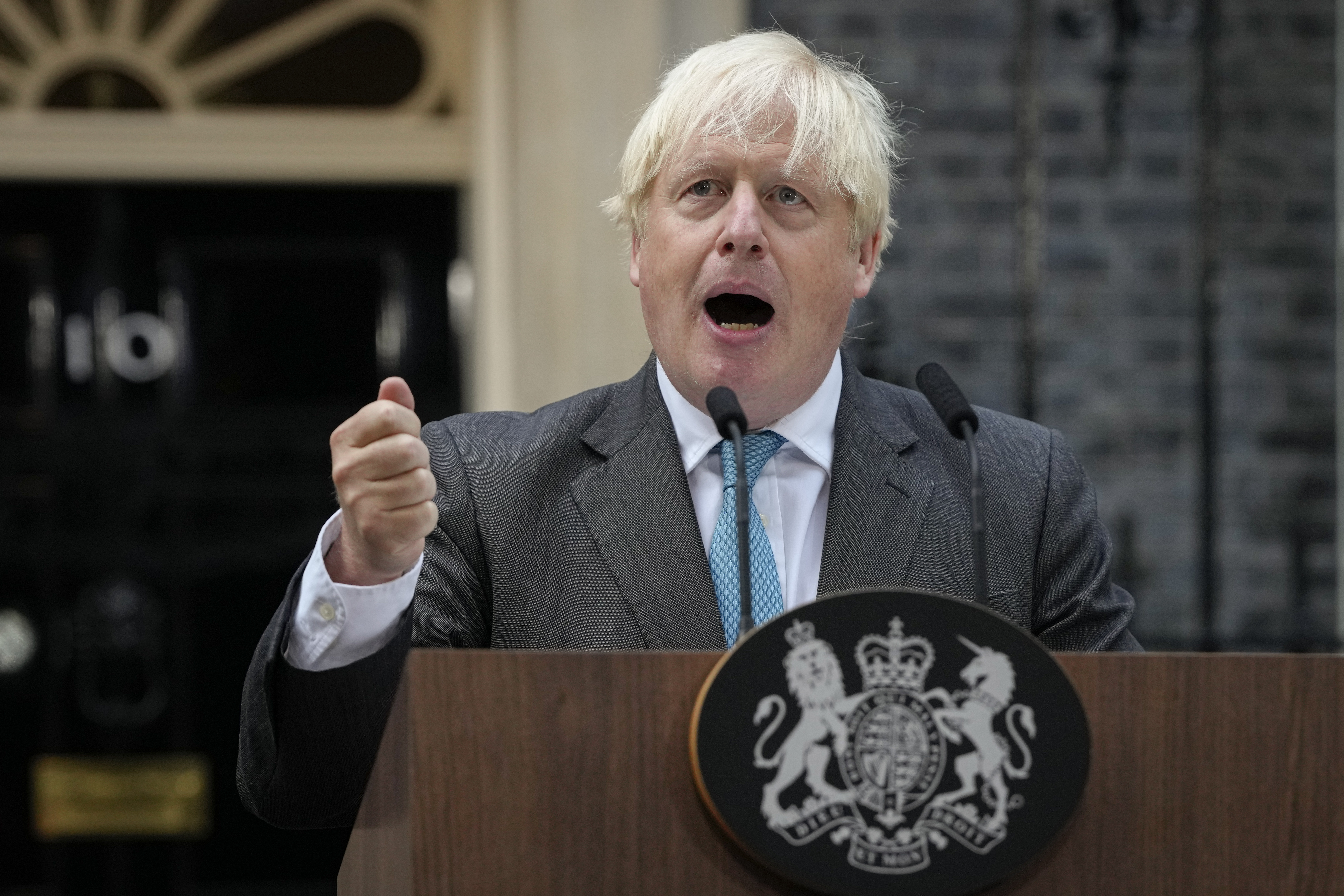 Outgoing British Prime Minister Boris Johnson speaks outside Downing Street in London, Sept. 6. Liz Truss’ resignation as British Prime Minister has triggered another leadership race — the second in just four months — for the U.K.’s fractured and demoralized Conservative Party. There is intense speculation that former Prime Minister Boris Johnson may be making a bid for a return. 