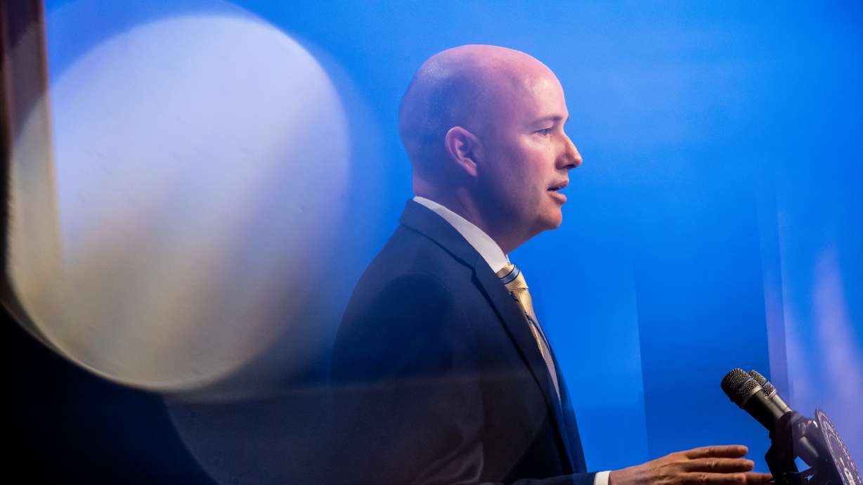 Gov. Spencer Cox holds his monthly news conference broadcast on PBS Utah from the Eccles Broadcast Center in Salt Lake City on Thursday. During the conference, Cox discussed issues of immigration and his motivations for holding a Latino Town Hall later this month.