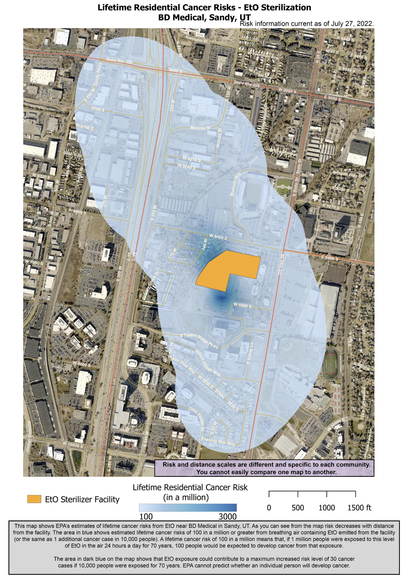 A map shows average estimated lifetime cancer risks due to ethylene oxide emissions from a BD Medical facility at 9450 S. State in Sandy.