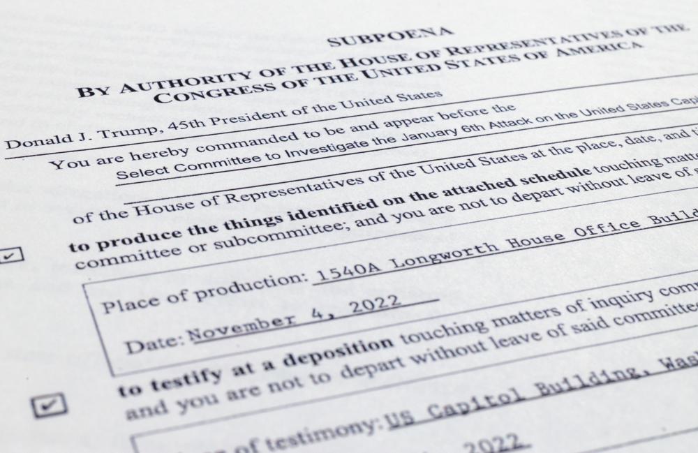 The subpoena to former President Donald Trump, issued by the House committee investigating the Jan. 6, 2021 attack on the U.S. Capitol, is photographed Friday in Washington.
