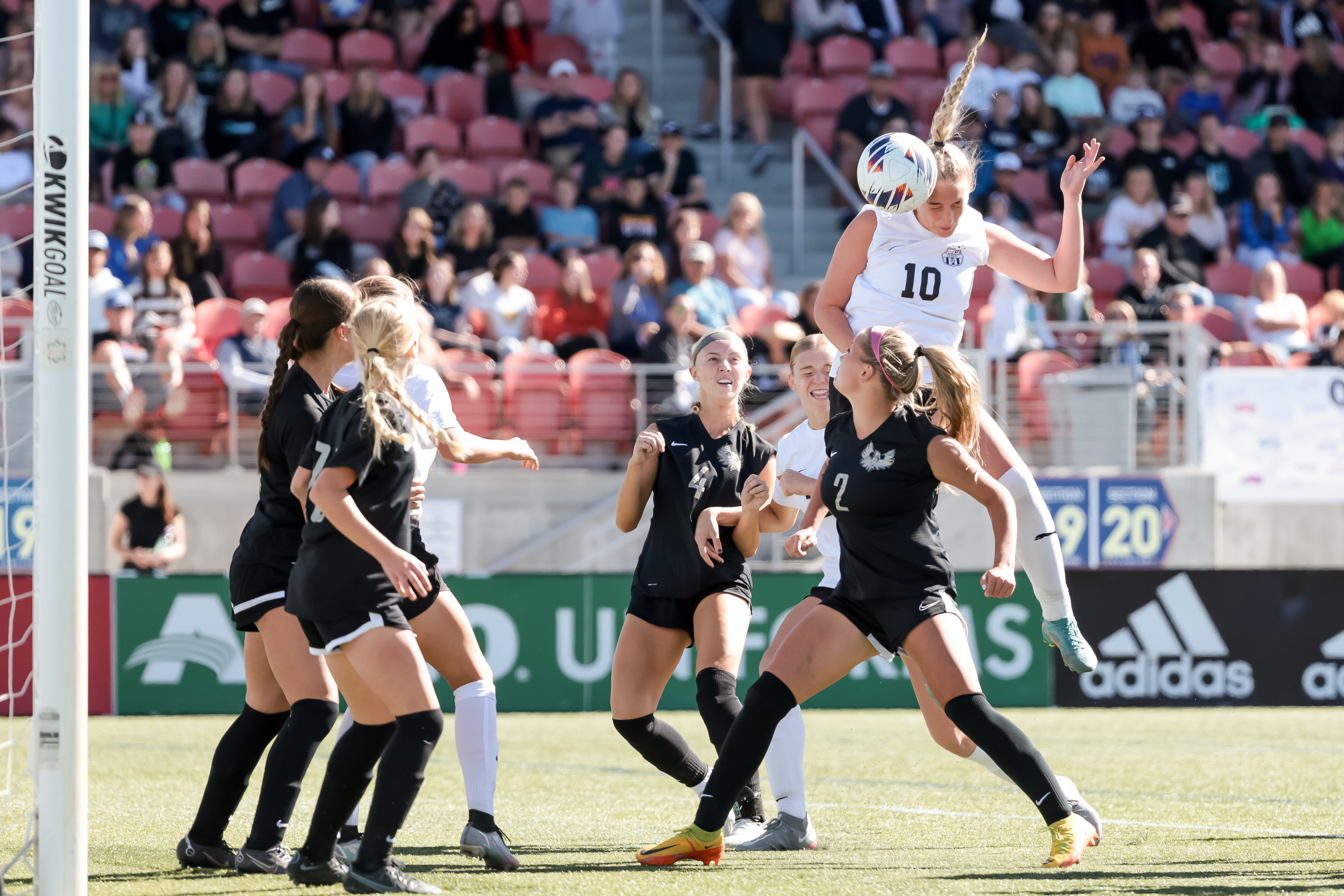 Davis’s Kayla Wade heads the ball in to score the only goal of the game during Davis’ win over Farmington in the 6A girls soccer championship at Zions Bank Stadium in Herriman on Friday, Oct. 21, 2022.
