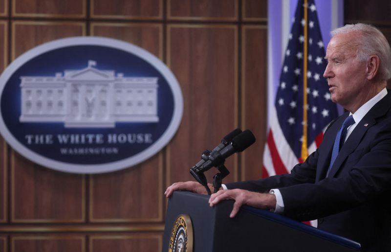U.S. President Joe Biden delivers remarks about the student loan forgiveness program from an auditorium on the White House campus in Washington, D.C., on Oct. 17.