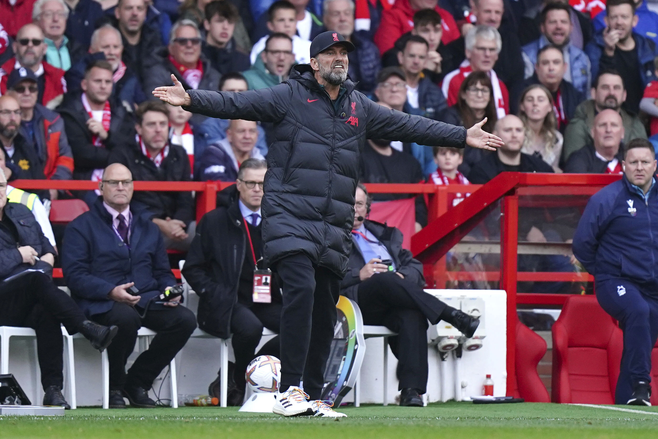 Liverpool manager Jurgen Klopp gestures on the touchline during the English Premier League soccer match between Nottingham Forest and Liverpool, at the City Ground, in Nottingham, England, Saturday, Oct. 22, 2022. 