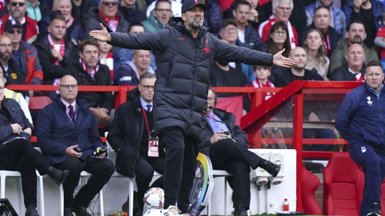 Liverpool manager Jurgen Klopp gestures on the touchline during the English Premier League soccer match between Nottingham Forest and Liverpool, at the City Ground, in Nottingham, England, Saturday, Oct. 22, 2022.