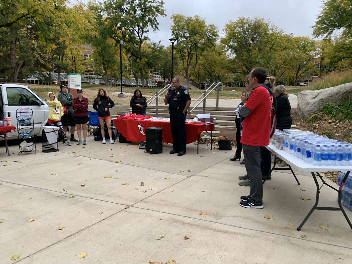 University of Utah Chief of Police Jason Hinojosa speaks before the medal ceremony at the first annual Utah Race for Campus Safety at the University of Utah campus on Saturday. The race is in memory of Lauren McCluskey who was killed by her ex-boyfriend on Oct. 22, 2018, and is held by the Lauren McCluskey foundation which is working to promote campus safety.