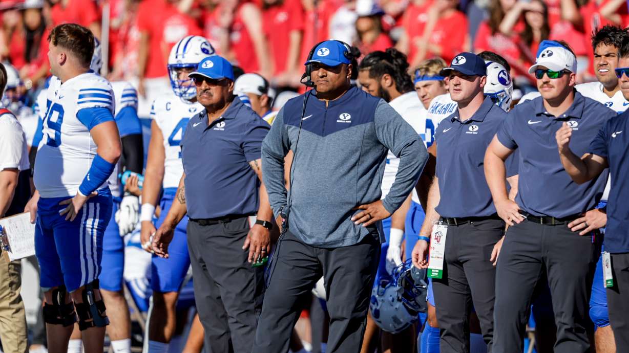 BYU coach Kalani Sitake during the Cougars' football game at Liberty, Saturday, Oct. 22, 2022 in Lynchburg, Virginia.