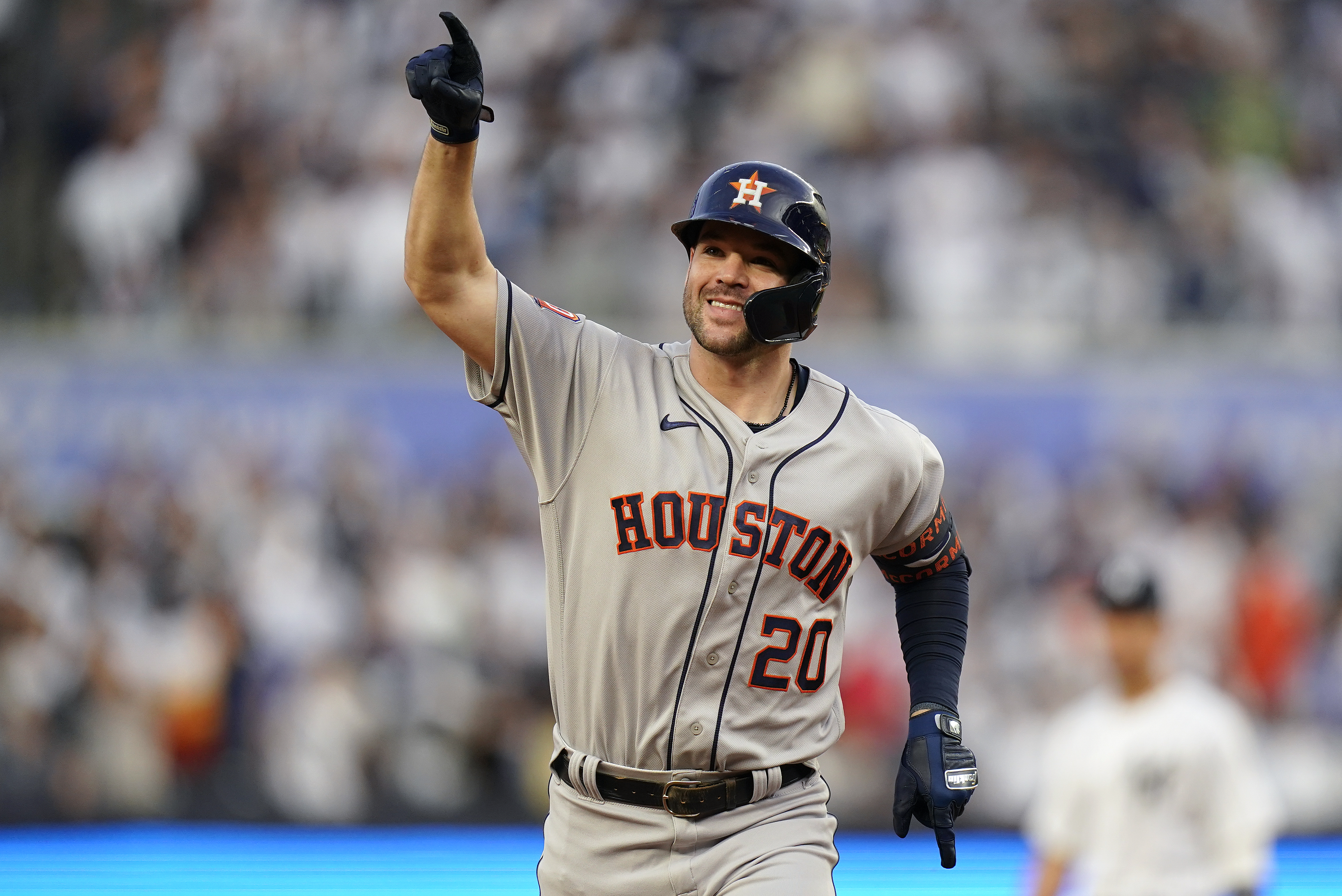 Houston Astros Chas McCormick (20) reacts as he rounds the bases after hitting a two-run home run against the New York Yankees during the second inning of Game 3 of an American League Championship baseball series, Saturday, Oct. 22, 2022, in New York. 