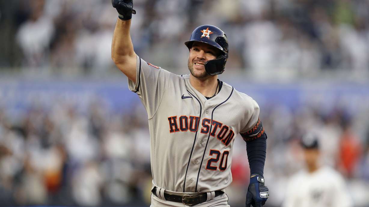 Houston Astros Chas McCormick (20) reacts as he rounds the bases after hitting a two-run home run against the New York Yankees during the second inning of Game 3 of an American League Championship baseball series, Saturday, Oct. 22, 2022, in New York.