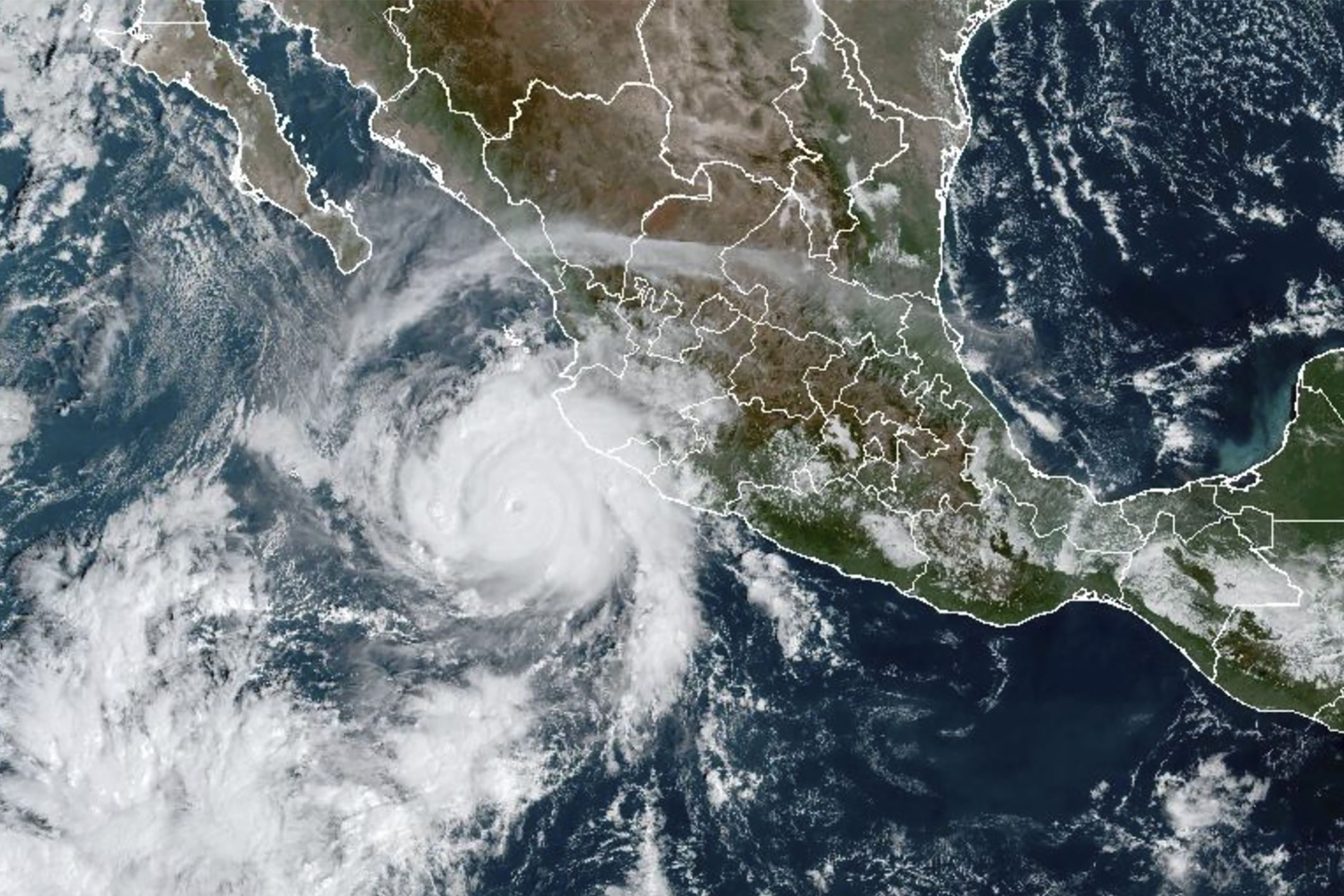 This satellite image taken at 15:30 UTC and provided by the National Oceanic and Atmospheric Administration shows Hurricane Roslyn approaching the Pacific coast of Mexico, Saturday. Roslyn grew to Category 4 force on Saturday as it headed for a collision with Mexico’s Pacific coast, likely north of the resort of Puerto Vallarta. 