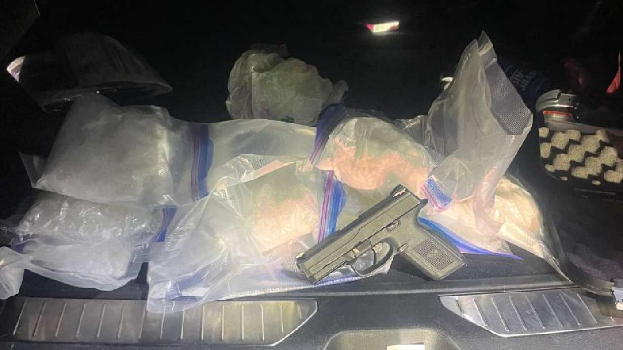 Officers recovered 10 pounds of suspected methamphetamine and a Glock firearm from an SUV during a traffic stop on northbound Interstate 15, Washington County, Friday.