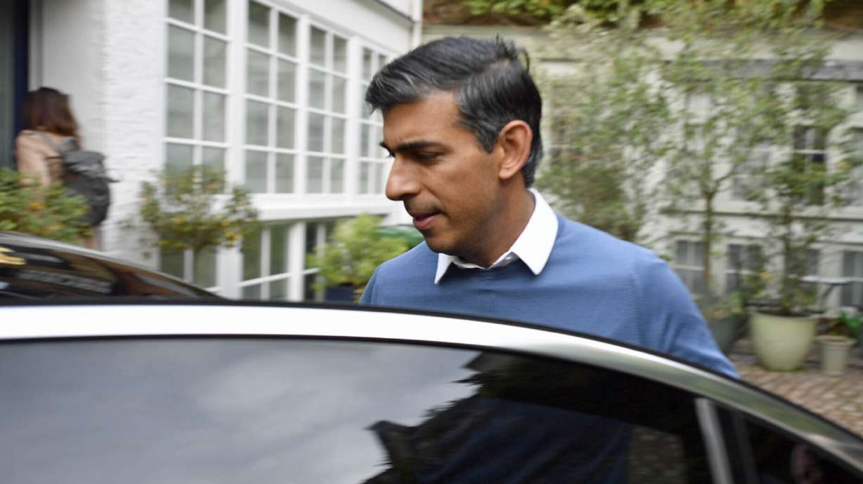 Former Treasury chief Rishi Sunak outside his home in London, Saturday. Liz Truss' resignation as British Prime Minister on Thursday triggered another leadership race — the second in just four months — for the U.K.'s fractured and demoralized Conservative Party.