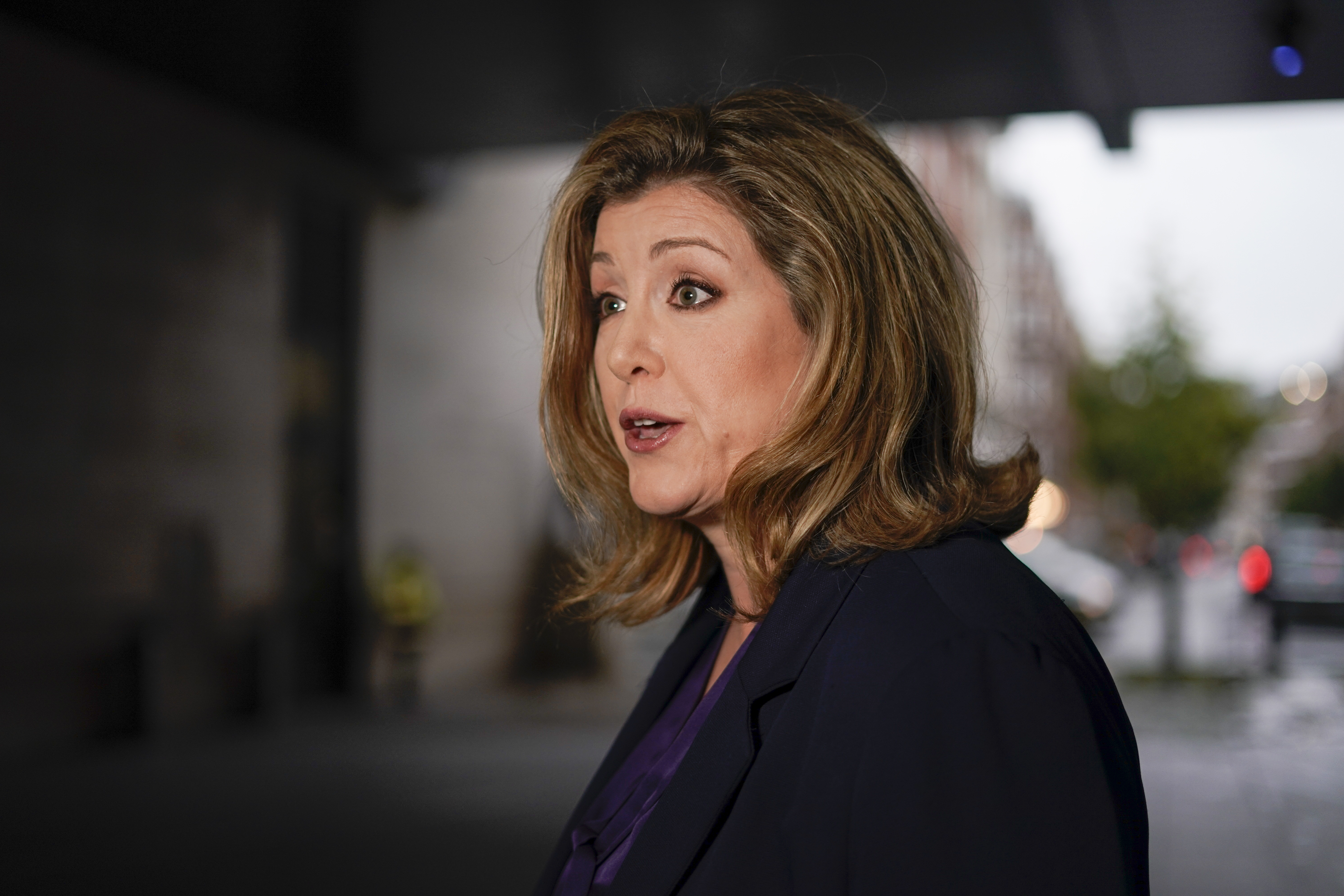 Conservative Party leadership candidate Penny Mordaunt speaks to the media as she leaves the BBC studios, in London, Sunday.