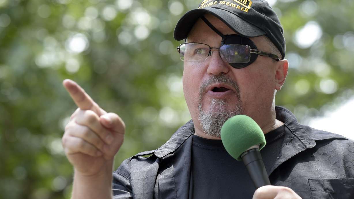 Stewart Rhodes, founder of the citizen militia group known as the Oath Keepers speaks during a rally outside the White House in Washington, on June 25, 2017. The seditious conspiracy trial against Rhodes and four associates is raising fresh questions about intelligence failures in the run-up to Jan. 6, 2021.