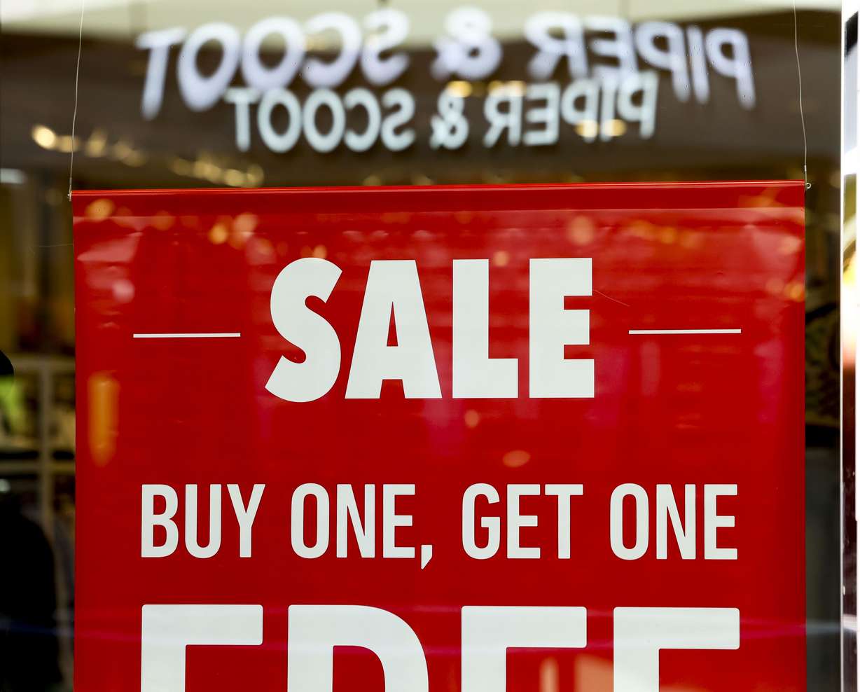 A sale sign is pictured at a store in City Creek Center in Salt Lake City on Thursday.