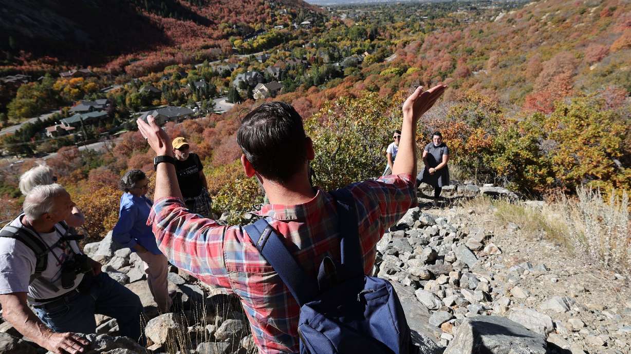 Carl Fisher, Save Our Canyons’ executive director, talks about the area with the Episcopal Church’s Peace and Justice Commission and other religious leaders as they hike the Alpenbock Loop in Little Cottonwood on Oct. 18. The group is opposed to a gondola in the canyon.