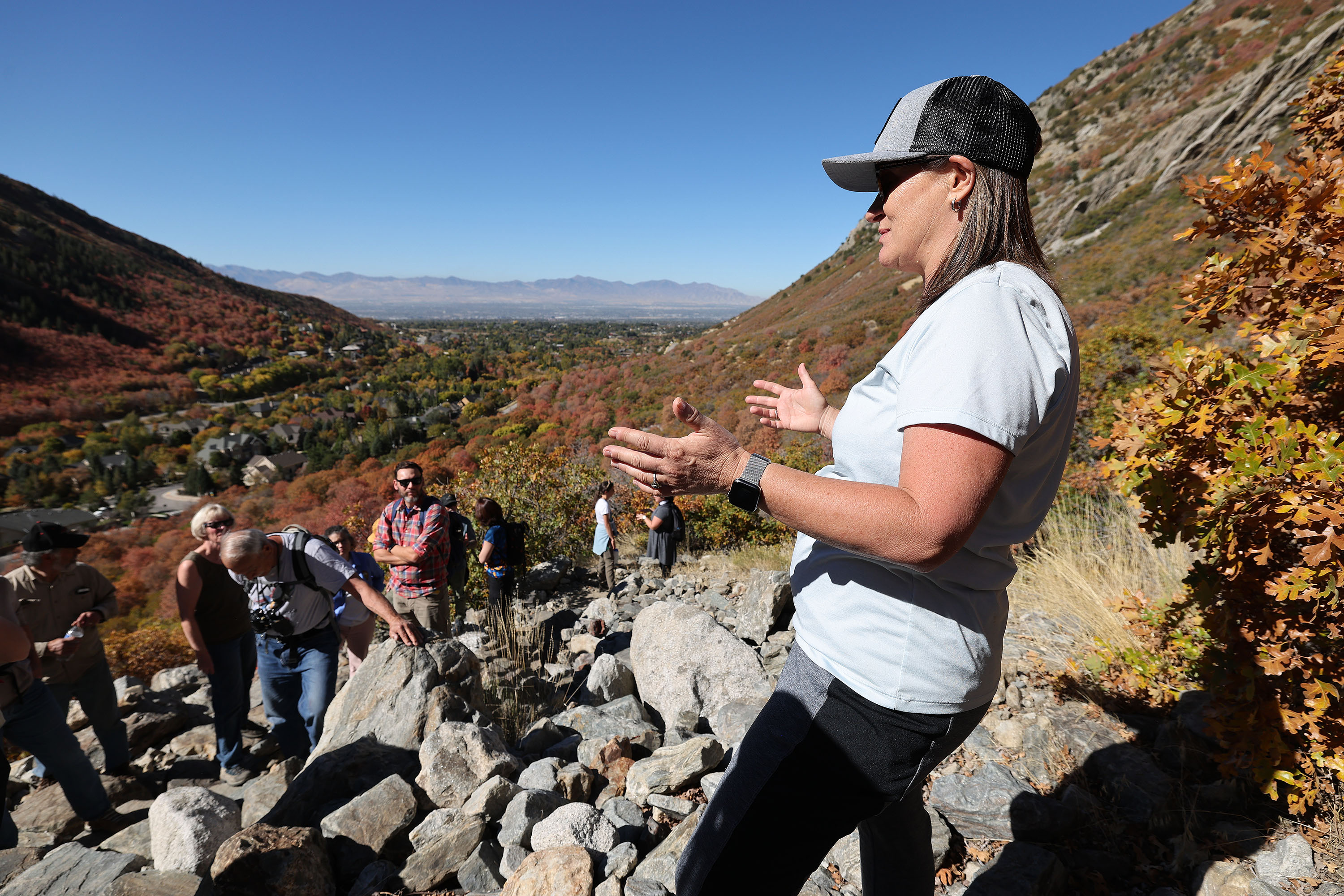 Salt Lake County Mayor Jenny Wilson talks with Episcopal Church’s Peace & Justice Commission and other religious leaders as they hike the Alpenbock Loop in Little Cottonwood on Oct. 18. The group is opposed to a gondola in the canyon.