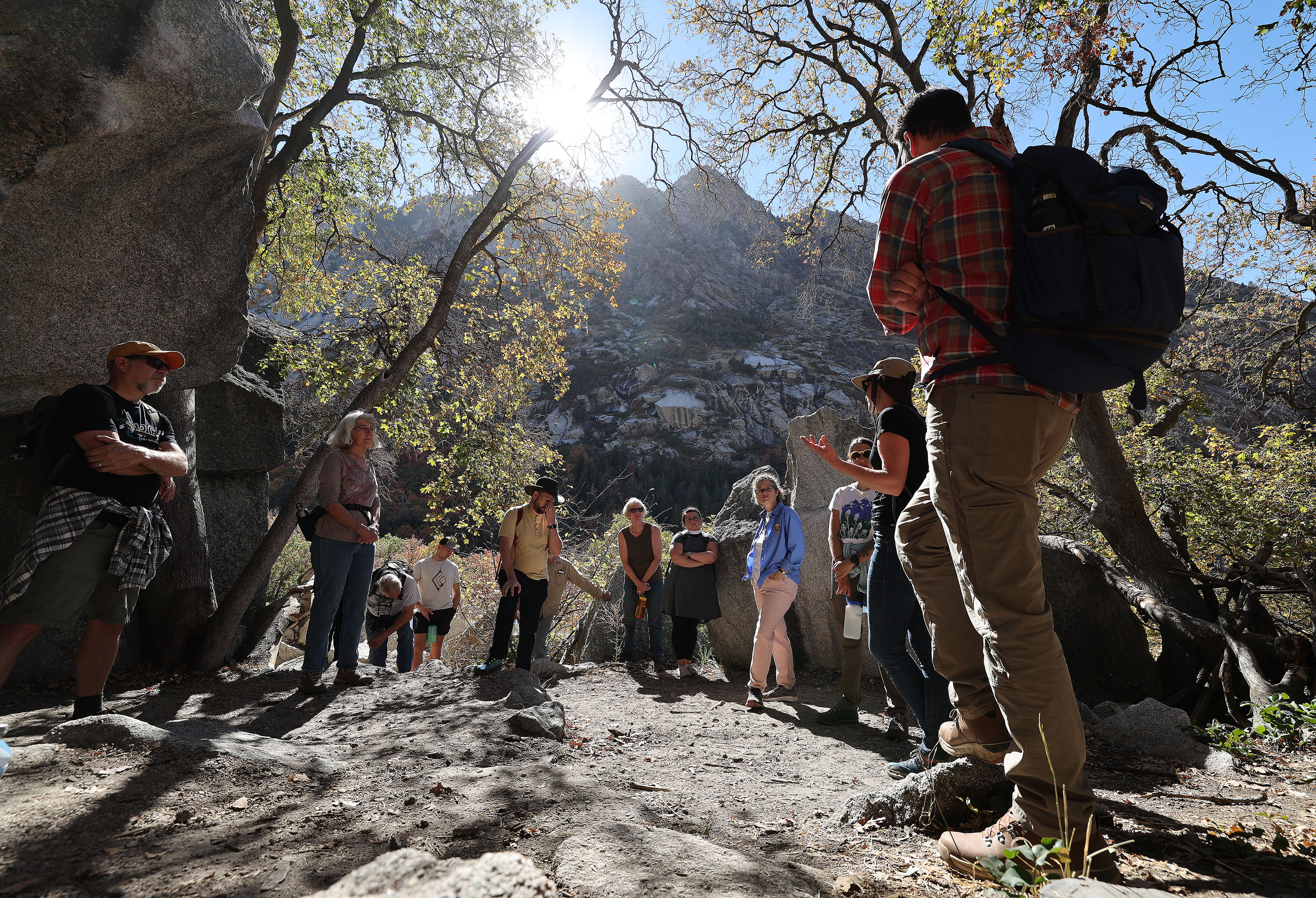 Carl Fisher, Save Our Canyons’ executive director, talks about the area with Episcopal Church’s Peace & Justice Commission and other religious leaders hike the Alpenbock Loop in Little Cottonwood on Oct. 18. The group is opposed to a gondola in the canyon.