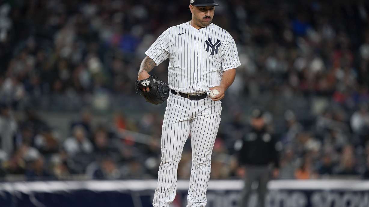 New York Yankees starting pitcher Nestor Cortes (65) reacts after pop up by Houston Astros Yuli Gurriel during the second inning of Game 4 of an American League Championship baseball series, Sunday, Oct. 23, 2022, in New York.