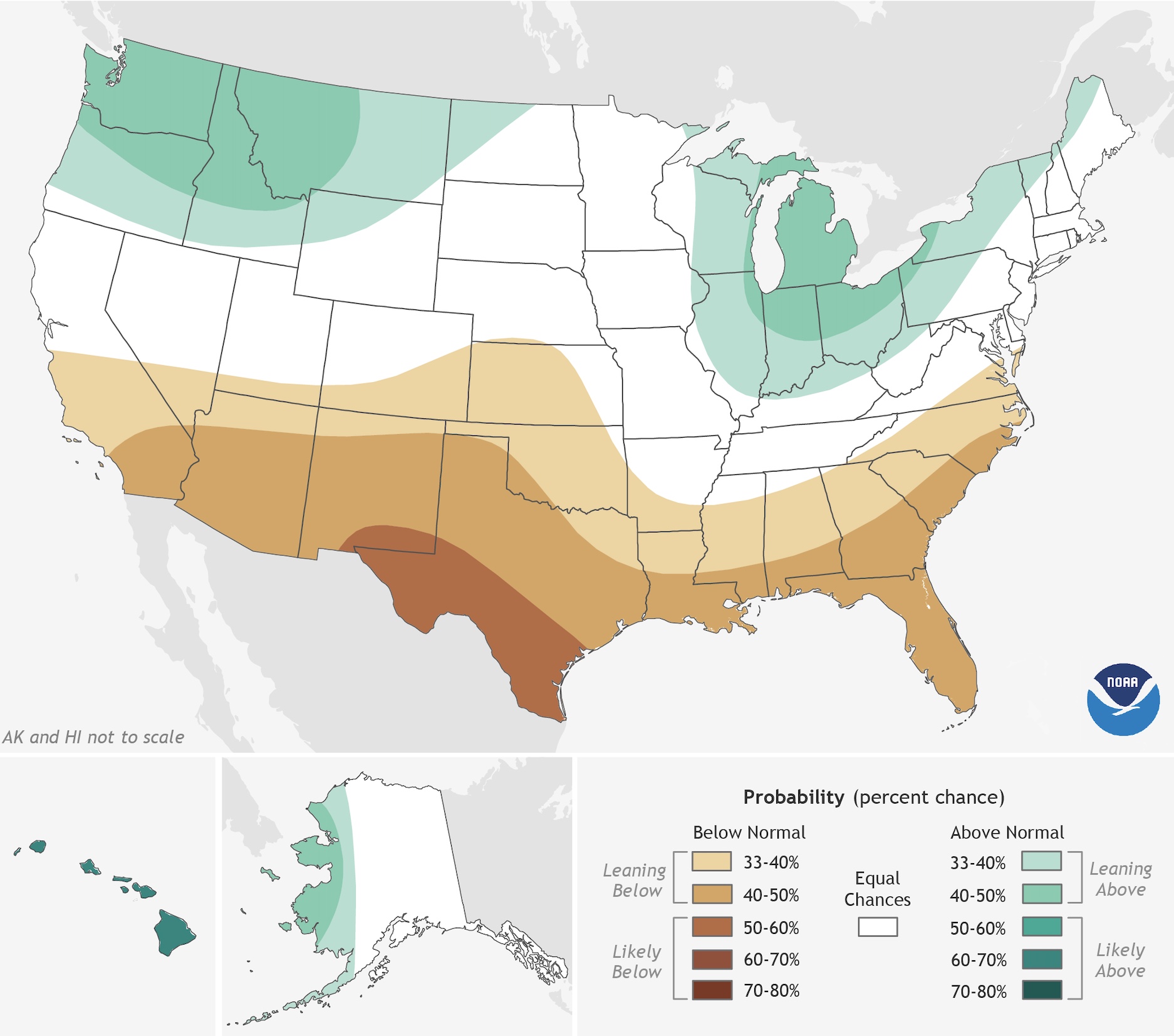 The 2022-2023 U.S. Winter Outlook map for precipitation shows wetter-than-average conditions are most likely in western Alaska, the Pacific Northwest, northern Rockies, Great Lakes and Ohio Valley. Drier-than-average conditions are forecast in portions of California, the Southwest, the southern Rockies, southern Plains, Gulf Coast and much of the Southeast.