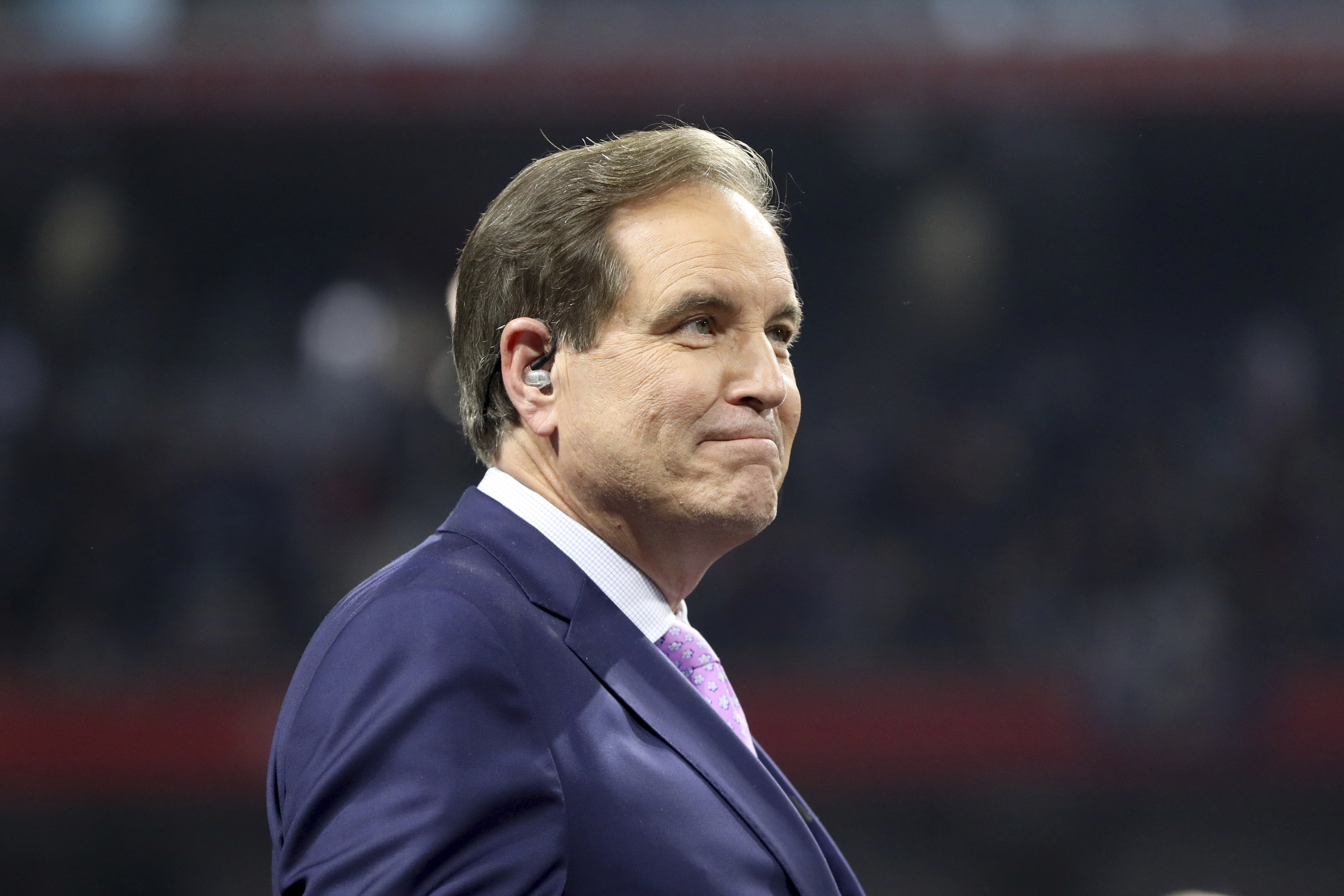 FILE - Announcer Jim Nantz looks on after NFL Super Bowl 53, Feb. 3, 2019, in Atlanta. Nantz will step away from calling the NCAA Men’s Basketball Tournament after next year and will be succeeded by Ian Eagle. CBS Sports confirmed the news Monday, Oct. 24, 2022, after it was first reported by the New York Post. 