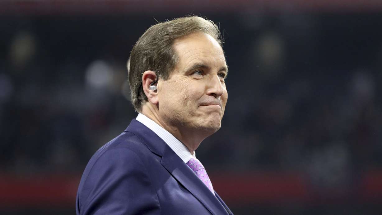 FILE - Announcer Jim Nantz looks on after NFL Super Bowl 53, Feb. 3, 2019, in Atlanta. Nantz will step away from calling the NCAA Men’s Basketball Tournament after next year and will be succeeded by Ian Eagle. CBS Sports confirmed the news Monday, Oct. 24, 2022, after it was first reported by the New York Post.