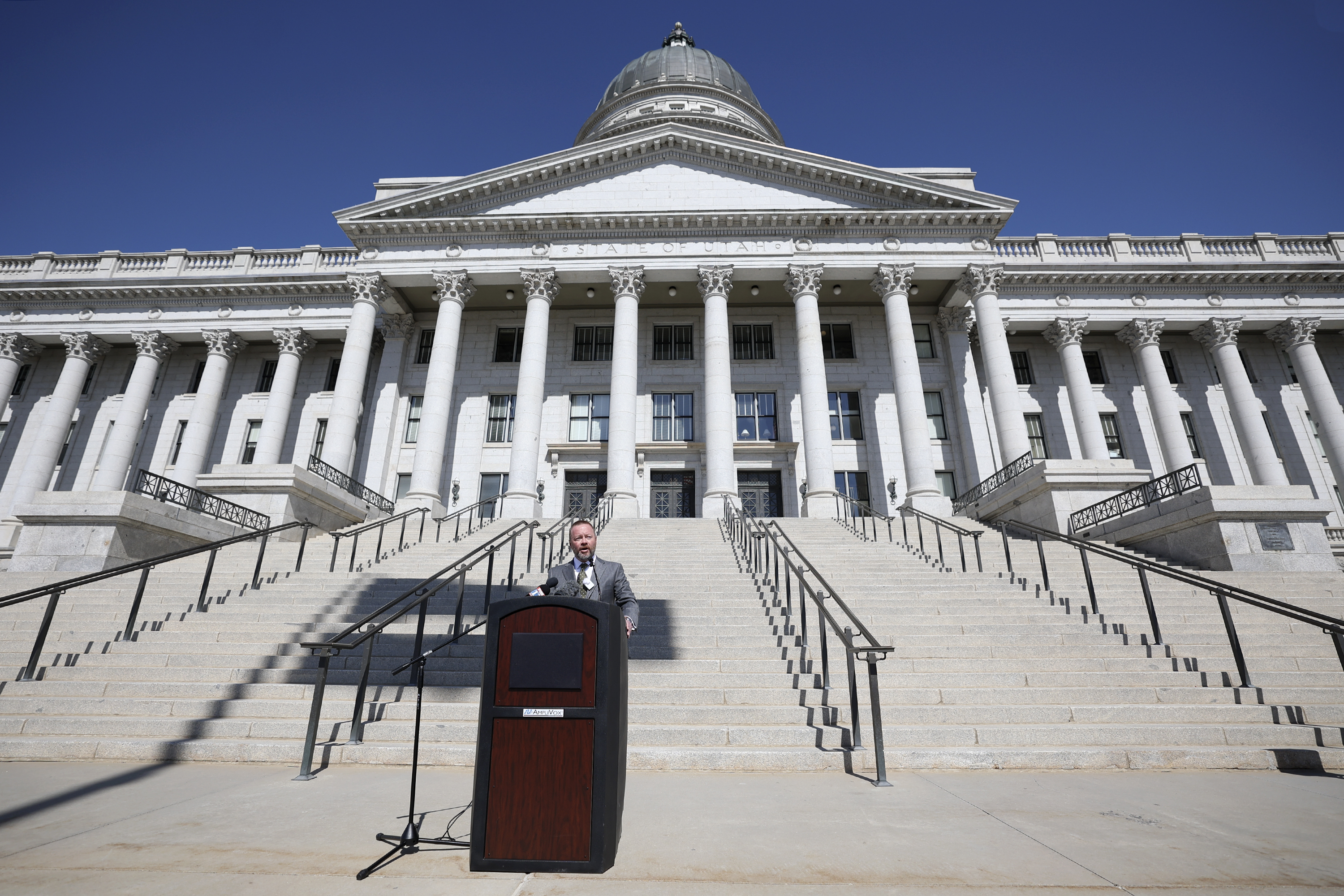 Attorney David Reymann speaks during a press conference to announce a lawsuit to block the state of Utah from implementing the congressional redistricting map that passed the Legislature and to reinstate the independent redistricting committee and follow anti-gerrymandering requirements, outside of the Capitol in Salt Lake City on March 17.