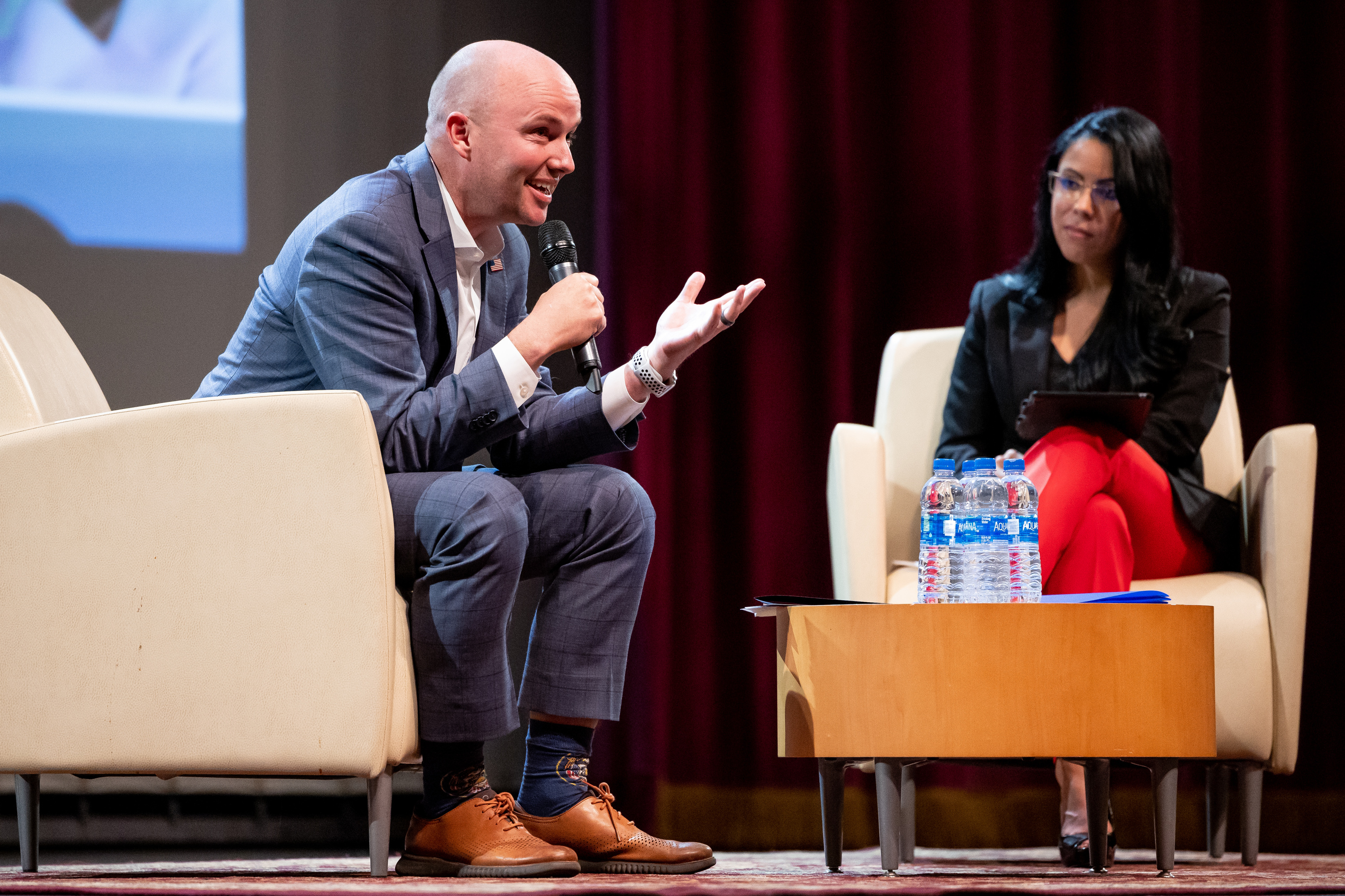 Gov. Spencer Cox takes part in his Latino Town Hall, moderated by Nubia Peña, director for the Utah Division of Multicultural Affairs, at Salt Lake Community College in Salt Lake City on Monday.