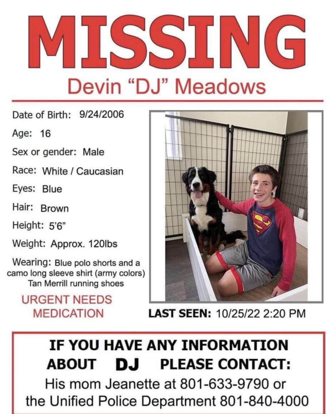 Police are asking for assistance to locate a 16-year-old boy with autism. Devin "DJ" Meadows went missing Tuesday afternoon and is considered at risk.